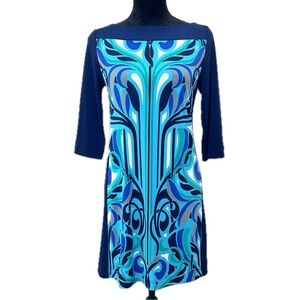 BANANA REPUBLIC 3/4 Sleeve Jersey Stretch Retro Print Shift Dress Tunic Size S